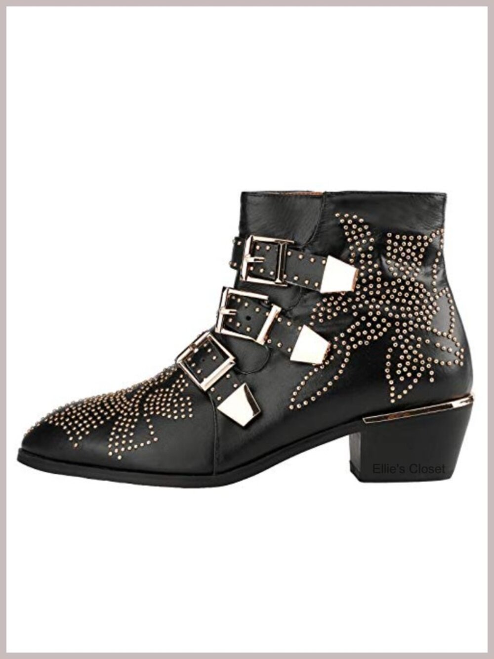 Studded Leather Ankle Boots Multiple Buckle Chunky Heel Almond Toe Zip Booties